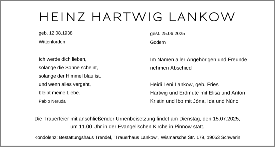 Traueranzeige von Heinz Hartwig Lankow von Zeitung für die Landeshauptstadt