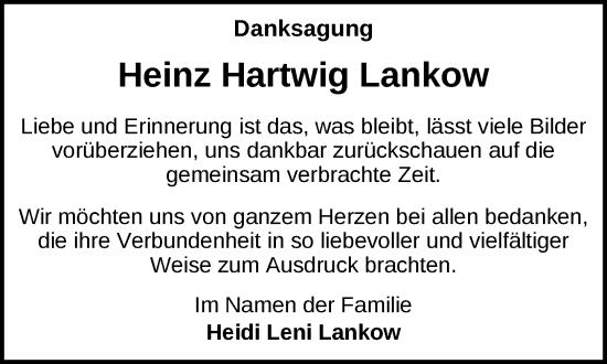 Traueranzeige von Heinz Hartwig Lankow von Zeitung für die Landeshauptstadt