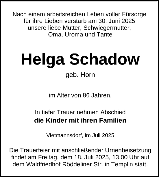 Traueranzeige von Helga Schadow von Uckermark Kurier Templiner Zeitung