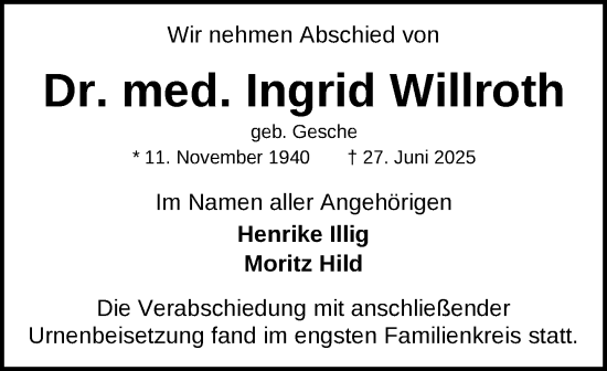 Traueranzeige von Ingrid Willroth von Zeitung für die Landeshauptstadt
