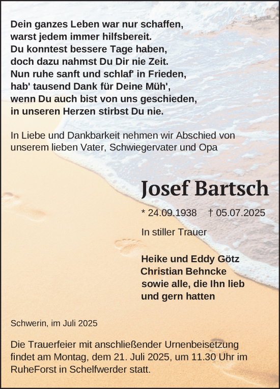 Traueranzeige von Josef Bartsch von Zeitung für die Landeshauptstadt