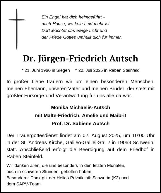 Traueranzeige von Jürgen-Friedrich Autsch von Zeitung für die Landeshauptstadt
