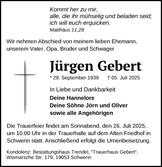Traueranzeige von Jürgen Gebert von Zeitung für die Landeshauptstadt