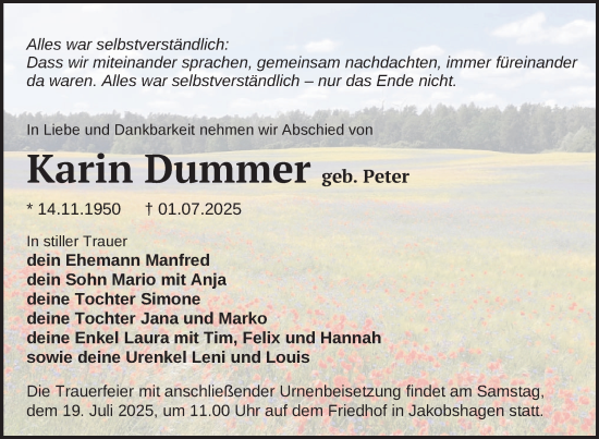 Traueranzeige von Karin Dummer von Uckermark Kurier Templiner Zeitung