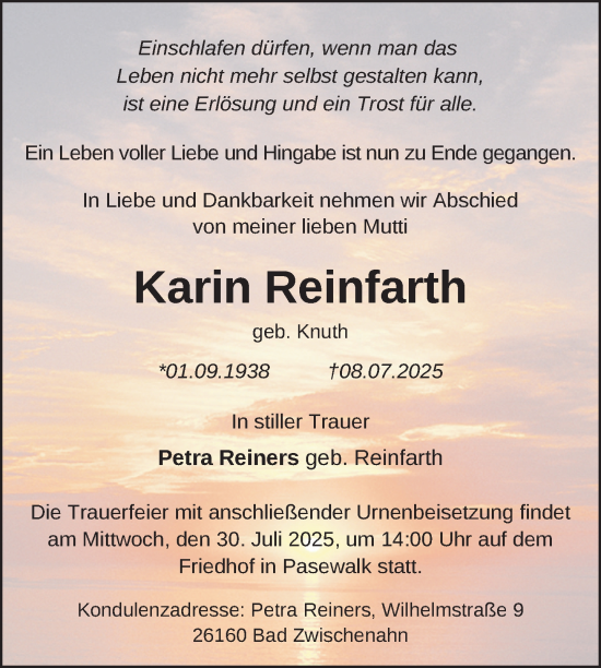 Traueranzeige von Karin Reinfarth von Nordkurier Pasewalker Zeitung