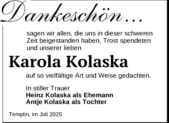 Traueranzeige von Karola Kolaska von Uckermark Kurier Templiner Zeitung
