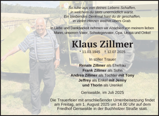 Traueranzeige von Klaus Zillmer von Uckermark Kurier Templiner Zeitung