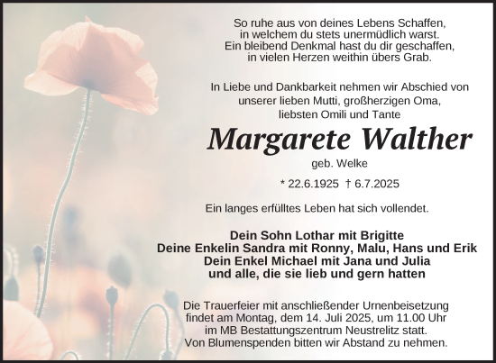 Traueranzeige von Margarete Walther von Nordkurier Strelitzer Zeitung