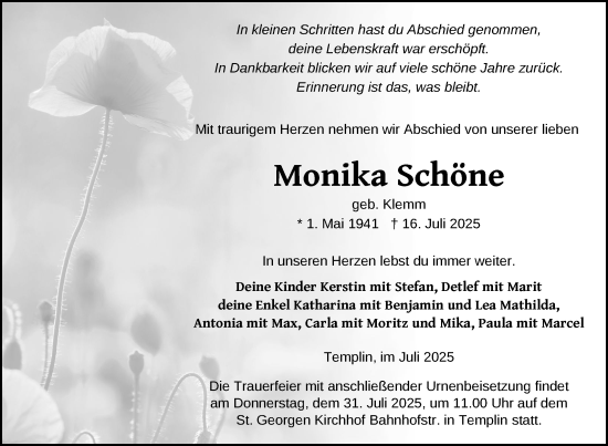 Traueranzeige von Monika Schöne von Uckermark Kurier Templiner Zeitung