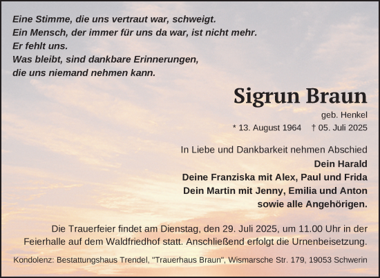 Traueranzeige von Sigrun Braun von Zeitung für die Landeshauptstadt