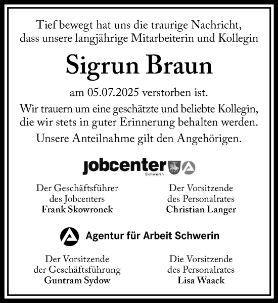 Traueranzeige von Sigrun Braun von Zeitung für die Landeshauptstadt