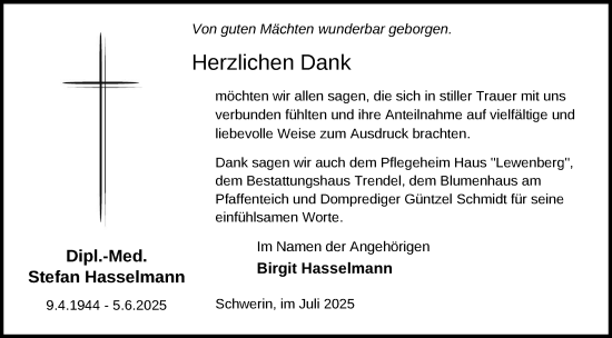 Traueranzeige von Stefan Hasselmann von Zeitung für die Landeshauptstadt