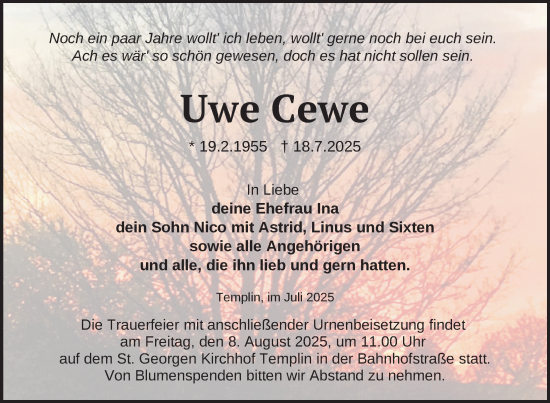 Traueranzeige von Uwe Cewe von Uckermark Kurier Templiner Zeitung
