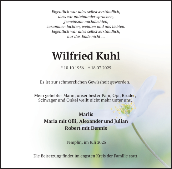 Traueranzeige von Wilfried Kuhl von Uckermark Kurier Templiner Zeitung