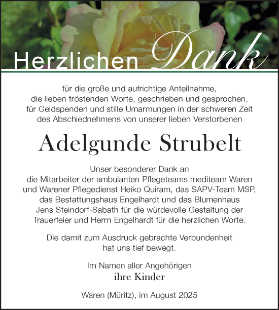 Traueranzeige von Adelgunde Strubelt von Nordkurier Müritz-Zeitung