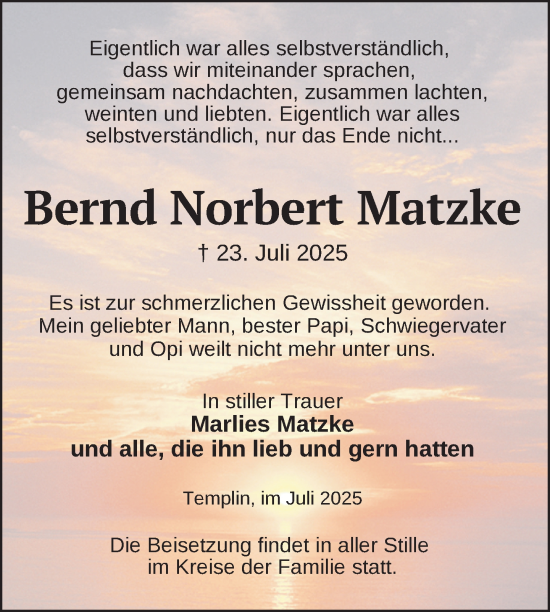 Traueranzeige von Bernd Norbert Matzke von Uckermark Kurier Templiner Zeitung