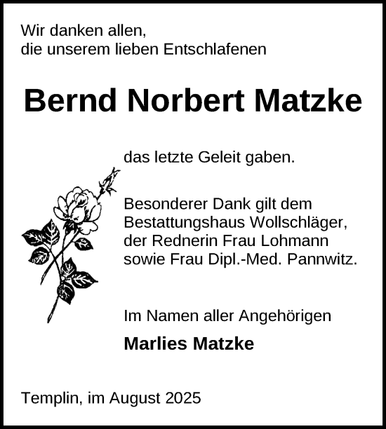 Traueranzeige von Bernd Norbert Matzke von Uckermark Kurier Templiner Zeitung