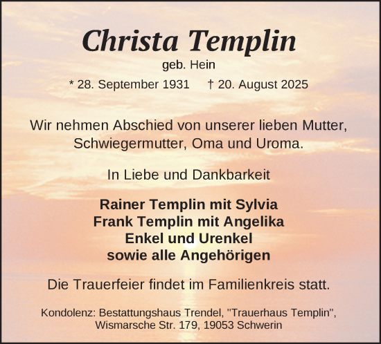 Traueranzeige von Christa Templin von Zeitung für die Landeshauptstadt
