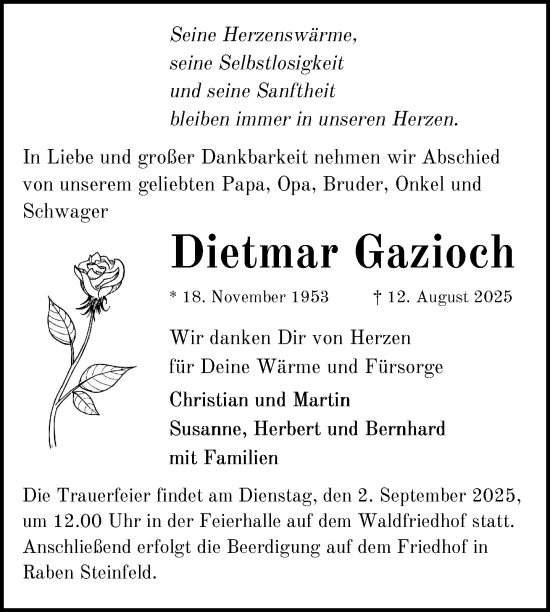 Traueranzeige von Dietmar Gazioch von Zeitung für die Landeshauptstadt