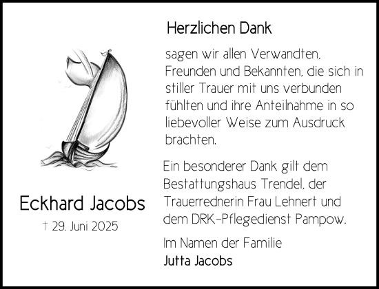 Traueranzeige von Eckhard Jacobs von Zeitung für die Landeshauptstadt