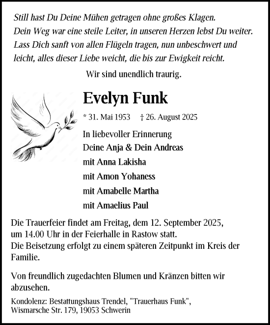Traueranzeige von Evelyn Funk von Zeitung für die Landeshauptstadt