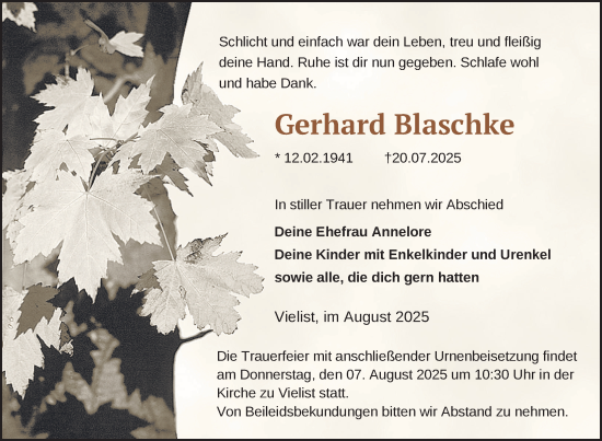 Traueranzeige von Gerhard Blaschke von Nordkurier Müritz-Zeitung