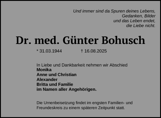 Traueranzeige von Günter Bohusch von Uckermark Kurier Templiner Zeitung