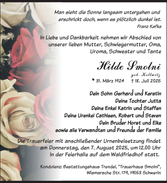 Traueranzeige von Hilde Smolni von Zeitung für die Landeshauptstadt