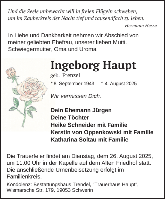 Traueranzeige von Ingeborg Haupt von Zeitung für die Landeshauptstadt