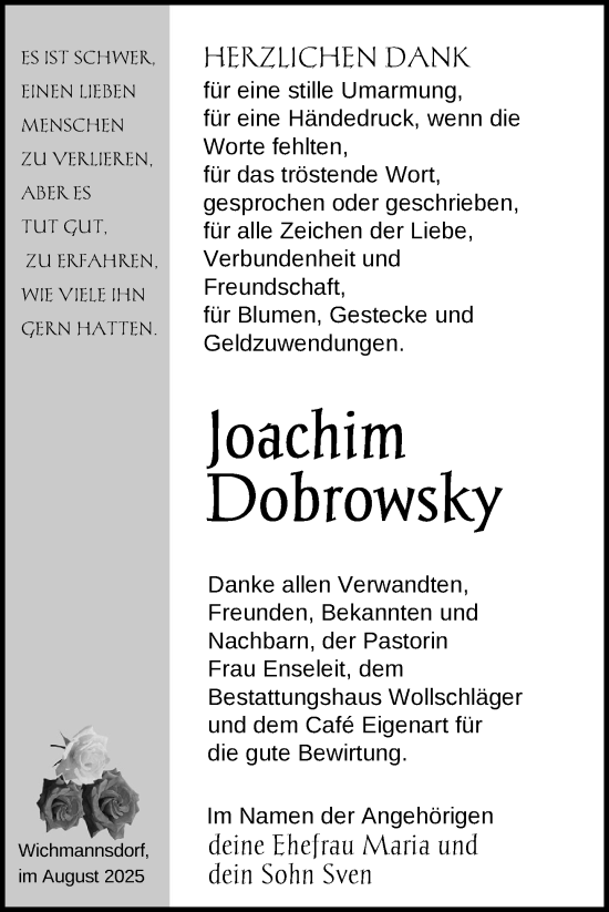 Traueranzeige von Joachim Dobrowsky von Uckermark Kurier Templiner Zeitung