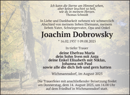 Traueranzeige von Joachim Dobrowsky von Uckermark Kurier Templiner Zeitung