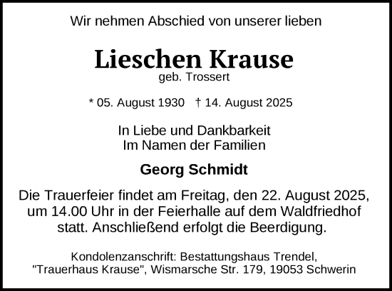 Traueranzeige von Lieschen Krause von Zeitung für die Landeshauptstadt
