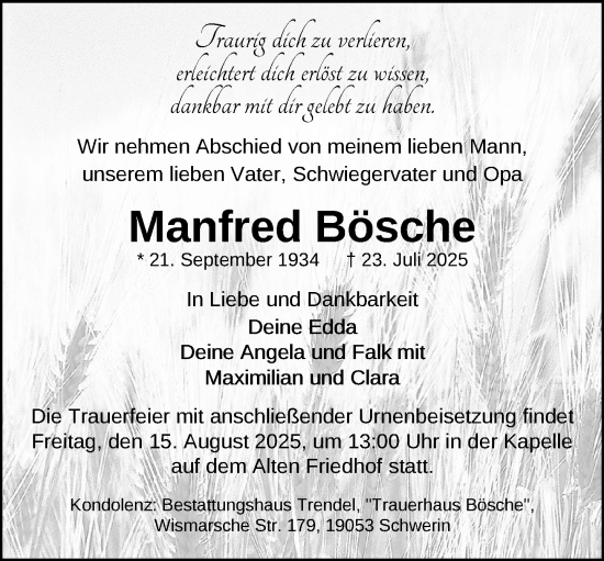 Traueranzeige von Manfred Bösche von Zeitung für die Landeshauptstadt