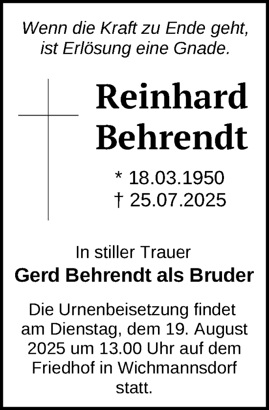 Traueranzeige von Reinhard Behrendt von Uckermark Kurier Templiner Zeitung