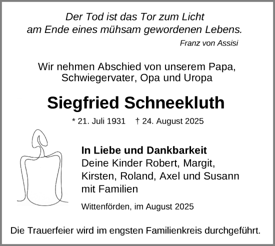 Traueranzeige von Siegfried Schneekluth von Zeitung für die Landeshauptstadt