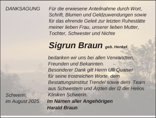 Traueranzeige von Sigrun Braun von Zeitung für die Landeshauptstadt