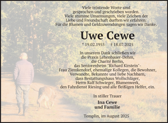 Traueranzeige von Uwe Cewe von Uckermark Kurier Templiner Zeitung