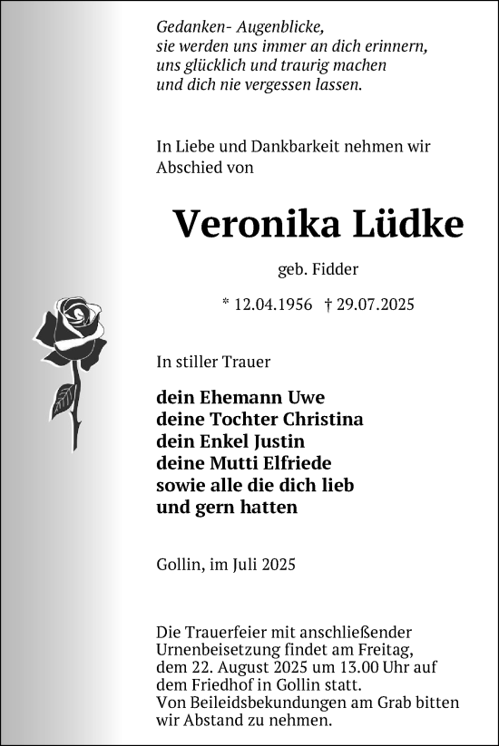 Traueranzeige von Veronika Lüdke von Uckermark Kurier Templiner Zeitung