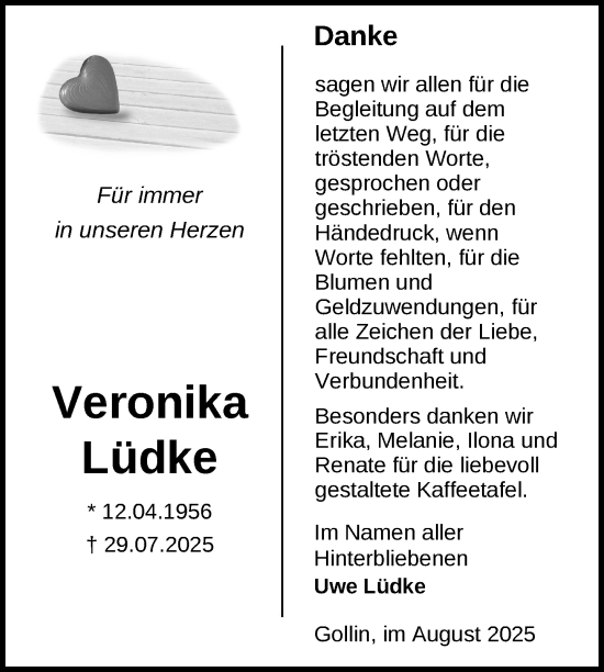 Traueranzeige von Veronika Lüdke von Uckermark Kurier Templiner Zeitung
