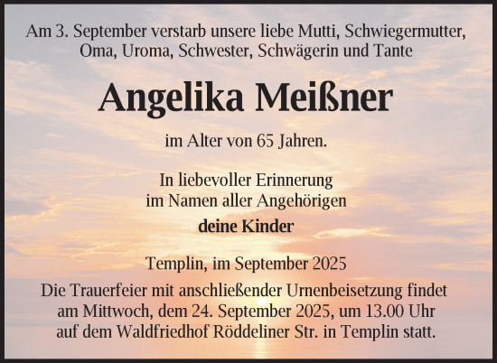Traueranzeige von Angelika Meißner von Uckermark Kurier Templiner Zeitung