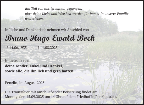 Traueranzeige von Bruno Hugo Ewald Bock von Nordkurier Neubrandenburger Zeitung