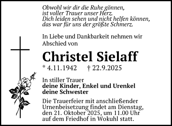 Traueranzeige von Christel Sielaff von Nordkurier Strelitzer Zeitung