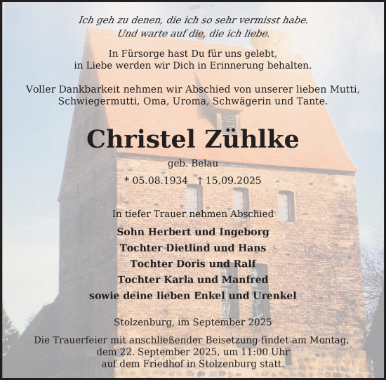 Traueranzeige von Christel Zühlke von Nordkurier Pasewalker Zeitung