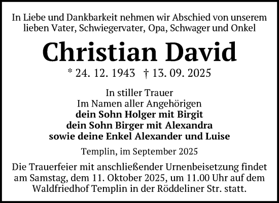 Traueranzeige von Christian David von Uckermark Kurier Templiner Zeitung