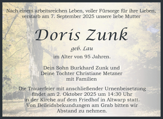 Traueranzeige von Doris Zunk von Nordkurier Haff-Zeitung