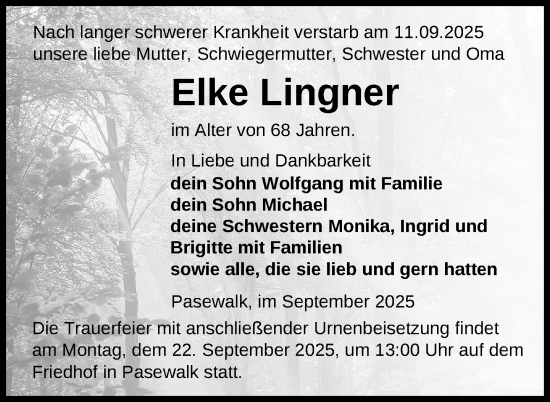 Traueranzeige von Elke Lingner von Nordkurier Pasewalker Zeitung