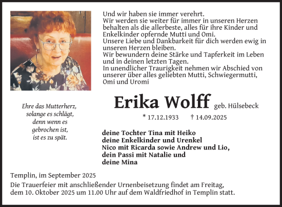 Traueranzeige von Erika Wolff von Uckermark Kurier Templiner Zeitung