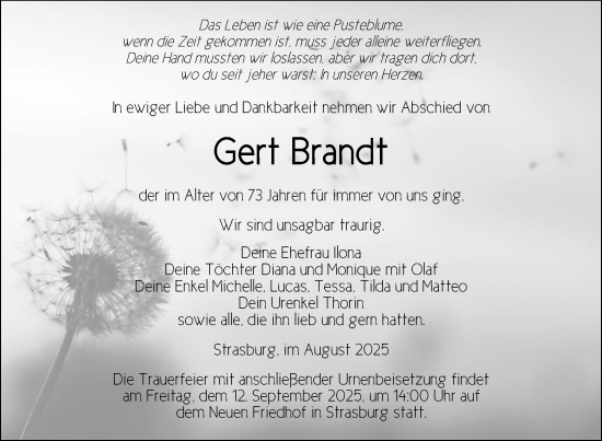 Traueranzeige von Gert Brandt von Nordkurier Pasewalker Zeitung