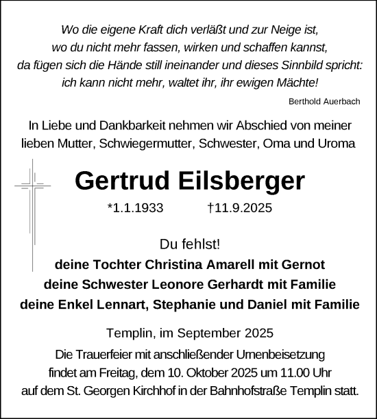 Traueranzeige von Gertrud Eilsberger von Uckermark Kurier Templiner Zeitung