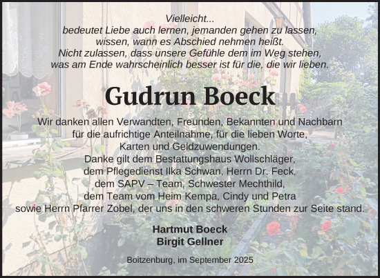 Traueranzeige von Gudrun Boeck von Uckermark Kurier Templiner Zeitung
